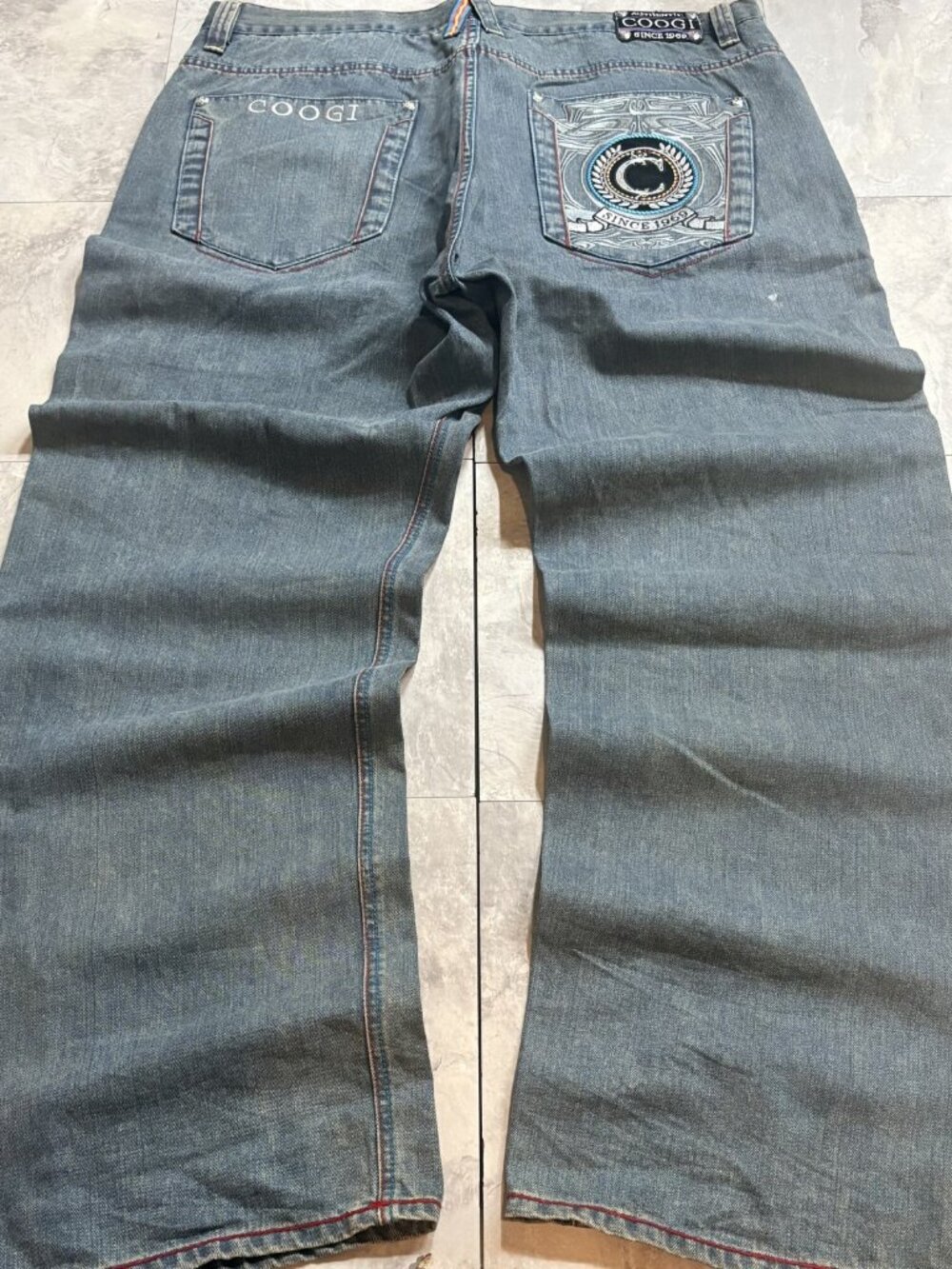 Coogi Baggy Jeans 46x36 Faded Blue Embroidered